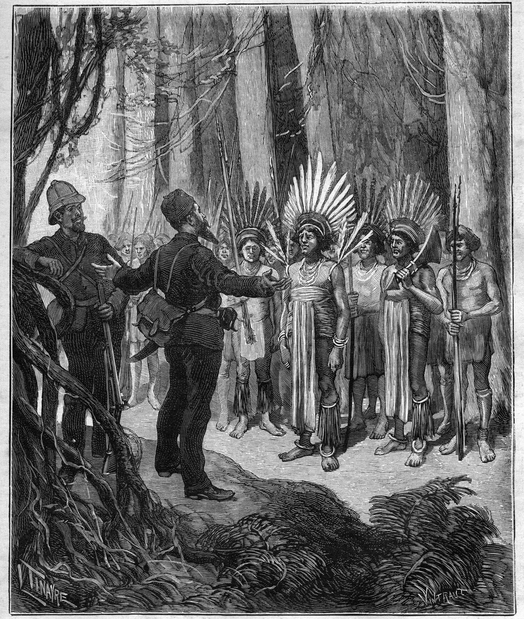 Henri Coudreaun (1859-1899), maantieteen professorin ja Intian Guyanan alueen tutkimusmatkailijan matka - hän sai roucouylaisilta kokeilta - kaiverrus vuoden 1889 "Journal des voyages" -kirjaan. tekijältä Anonymous Anonymous