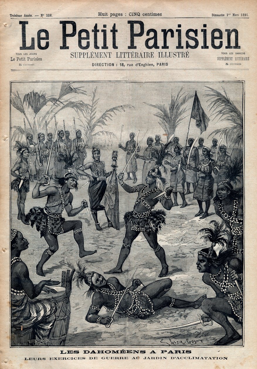 Sotaharjoitukset: Amazonit, soturit ja feticheurs dahomeens (nykyisin Benin) Pariisin sopeutumispuutarhasta (ihmiseläintarha). Kaiverrus "" Le petit Parisien"" vuodelta 1891. Yksityinen kokoelma. tekijältä Anonymous Anonymous