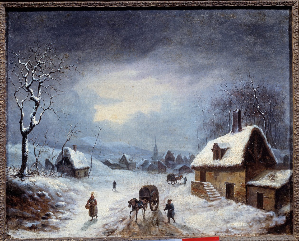 Talvimaisema. Vaunu lumisella tiellä. Anonyymi maalaus. 1800-luvun yksityinen kokoelma tekijältä Anonymous Anonymous