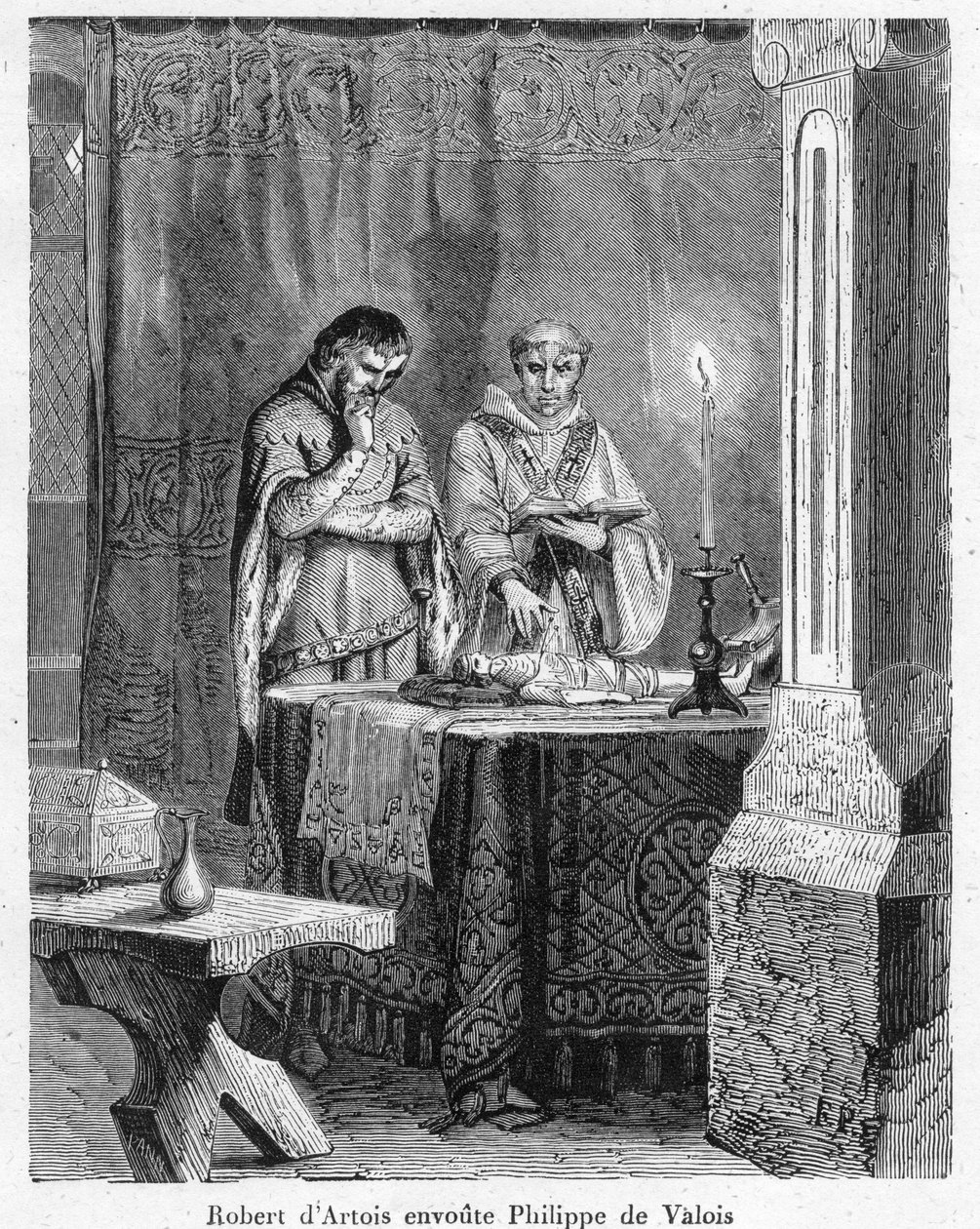 Noituus ja musta magia: "" Artoisin lordi Robert III (1287-1342) lumoaa Johannes Valoisin (Johannes II, joka tunnetaan nimellä Johannes Hyvä), kuningas Filip VI:n pojan, hänen kuvassaan olevalla vahanukkella (voodoo) tekijältä Anonymous Anonymous