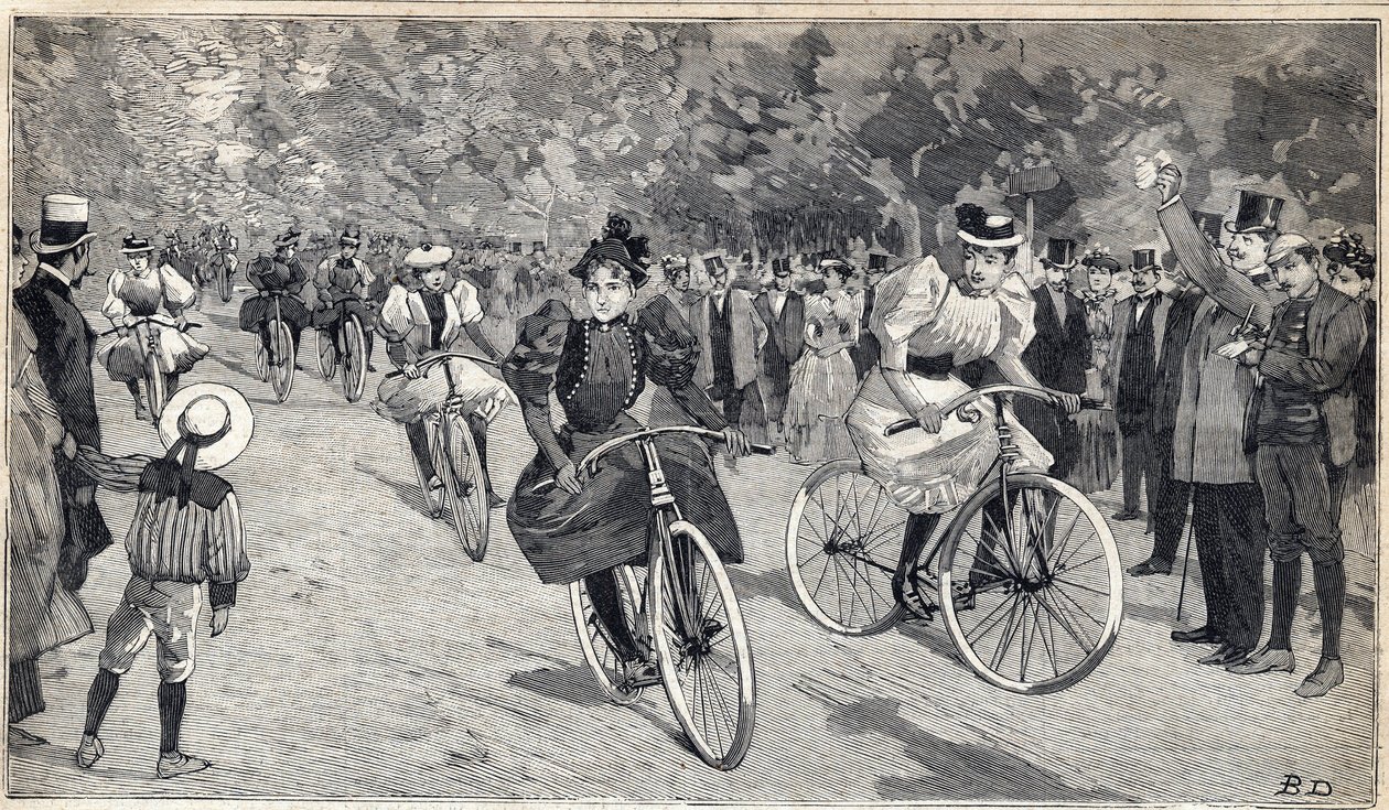 Naisten veloipedistien kilpailu Bois de Boulognessa lähellä Pariisia. Kaiverrus kirjassa "" Le Petit Parisien"" 25.6.1893. tekijältä Anonymous Anonymous