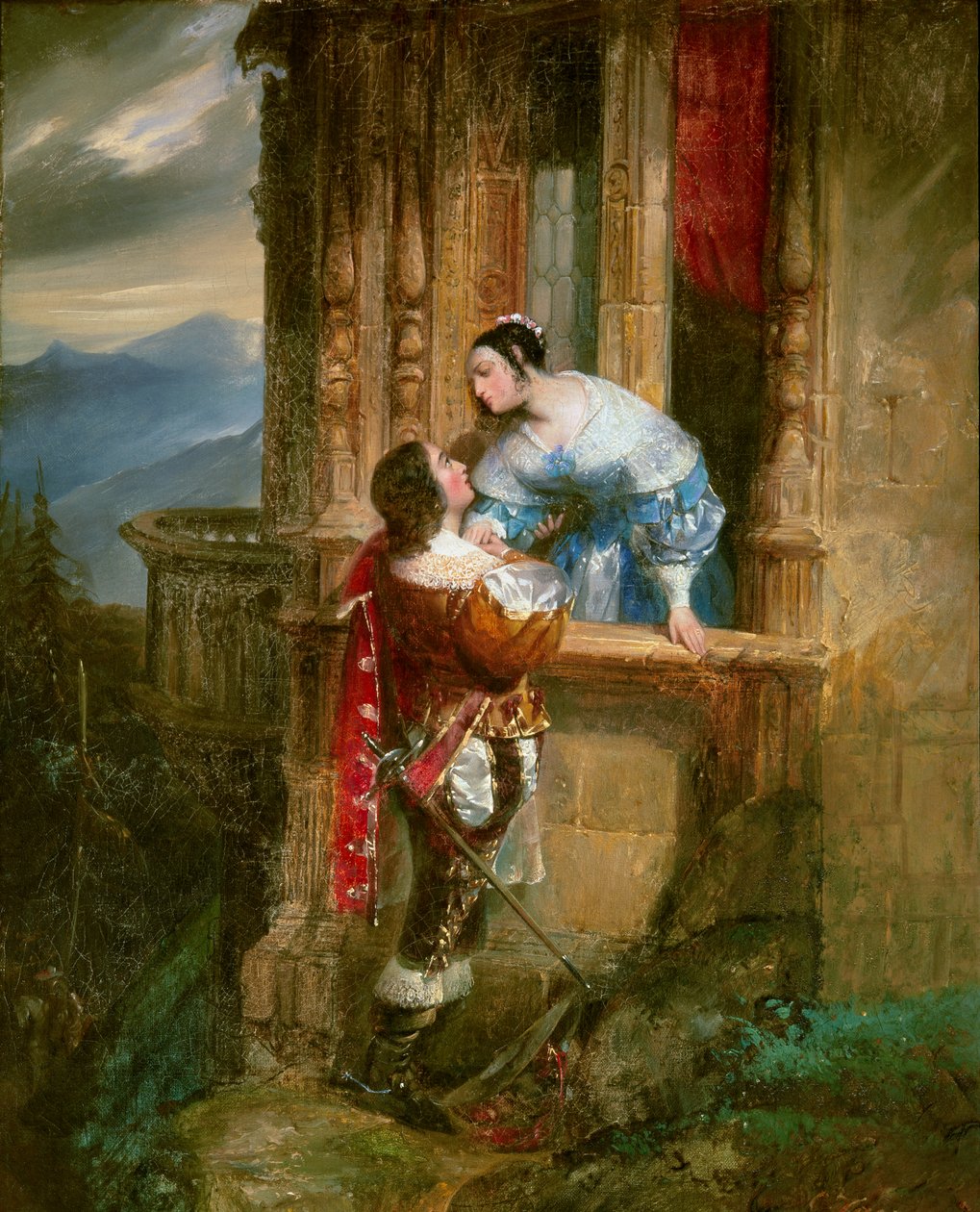 Nuori mies seurustelee naisen parvekkeella Kuvitus "Romeo ja Julia" William Shakespeare (1564-1616). Anonyymi maalaus 1800-luvulta. Lyon, musee des Beaux Arts - Nuori mies seurustelemassa nuorta naista parvekkeella. Kuvitus " tekijältä Anonymous Anonymous