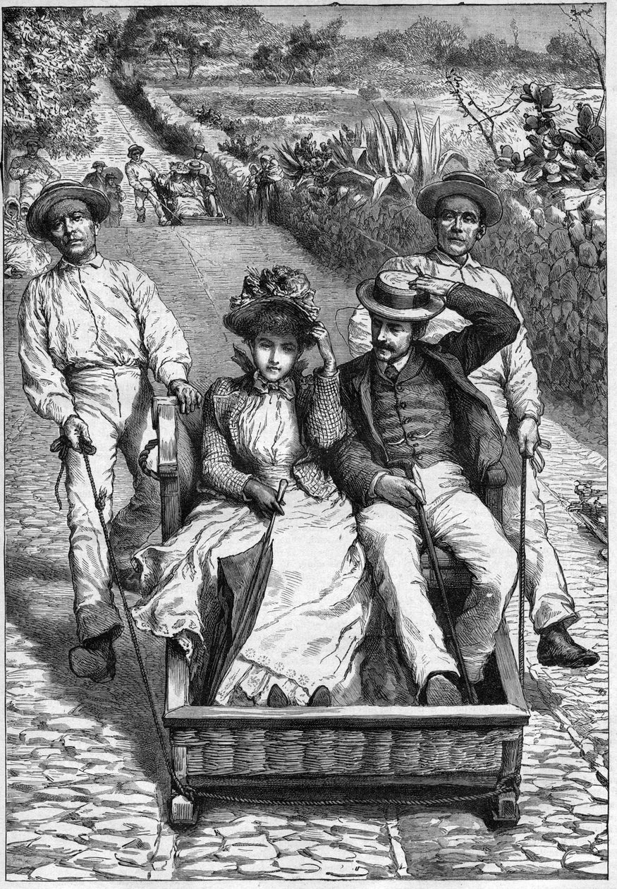 carros de cesto Madeiralla 1893 - Les corinhos (carrieros) a Madeira (Madeira) - miehet ohjaavat paikkaa kahdessa paikassa ruletissa (un corinho). kaiverrus ""Journal of travels"" -julkaisussa 1893 tekijältä Anonymous Anonymous