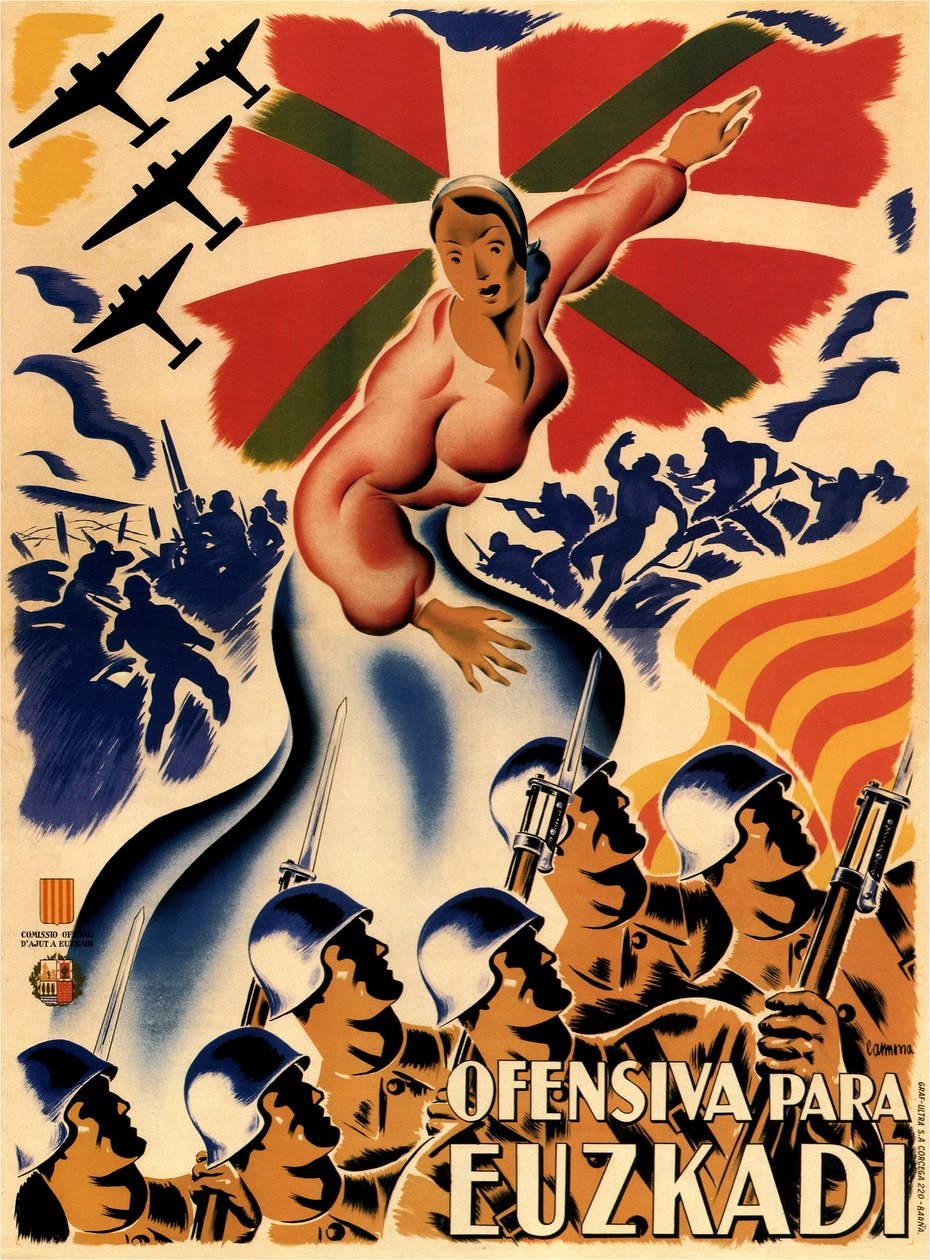 Espanjan sisällissota - Biskajan kampanja (Biskajan hyökkäys) Ofensiva Para Euzkadi (Hyökkäävä Baskimaata vastaan) - Nimetön - 1937 - Värilitografia - 140x100 - Yksityiskokoelma tekijältä Anonymous Anonymous