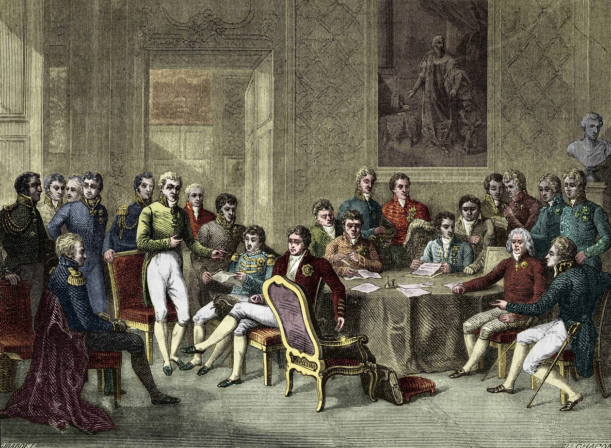 Wienin kongressi. Wienin kongressi vuonna 1815. Aleksanteri I, tsaari; H.R.Stewart, Castlereagh; Francois I, Itävallan keisari; Frederik Vilhelm III, Preussin kuningas; Karl August, Hardenberghin prinssi; Wilhelm von Humboldt (William of Humboldt tekijältä Anonymous Anonymous