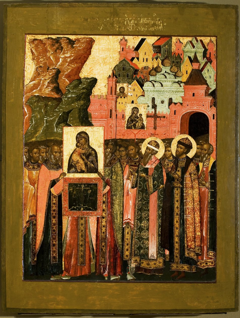 Vladimirin Neitsyt Marian ikonin saapuminen Moskovaan 1395, 1600-luvun puoliväli. tekijältä Anonymous Russian icon painter