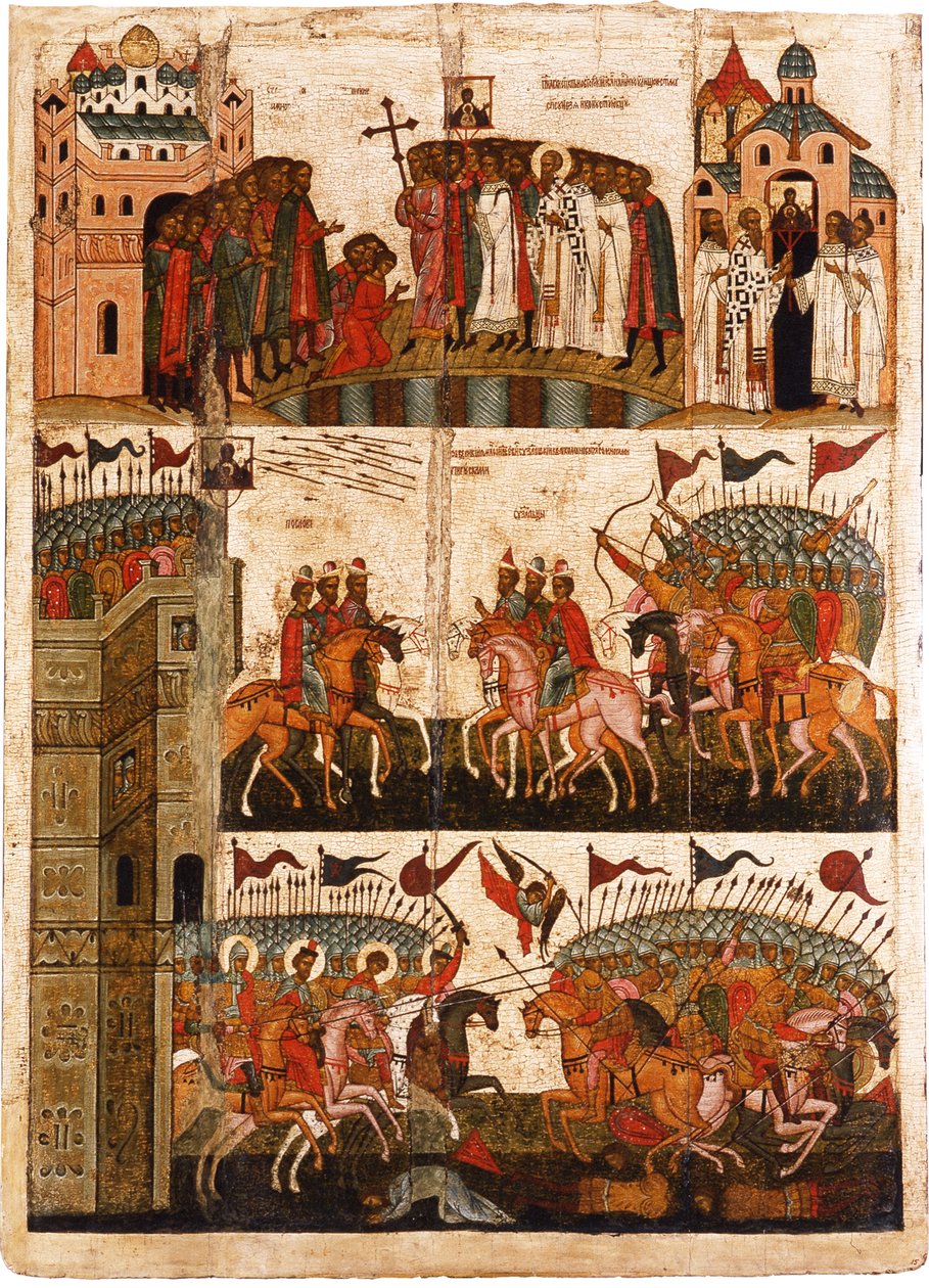 Taistelu novgorodilaisten ja suzdalilaisten välillä, 1400-luvun puoliväli. tekijältä Anonymous Russian icon painter