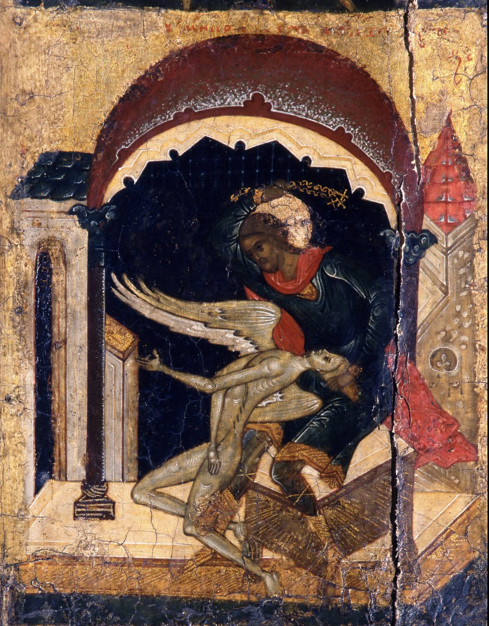 Saint Nicetas voittaa Saatanan yksityiskohdat, 1500-luku tekijältä Anonymous Russian icon painter