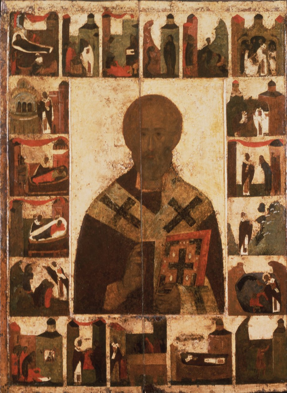 Pyhä Nikolaus kohtauksineen elämästään 1300-luvulta tekijältä Anonymous Russian icon painter
