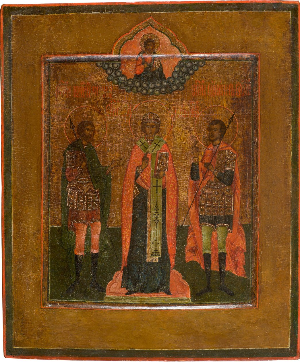 Pyhät Menas, Nikita Novgorod ja Johannes Soturi, 1800-luvun ensimmäinen neljännes tekijältä Anonymous Russian icon painter