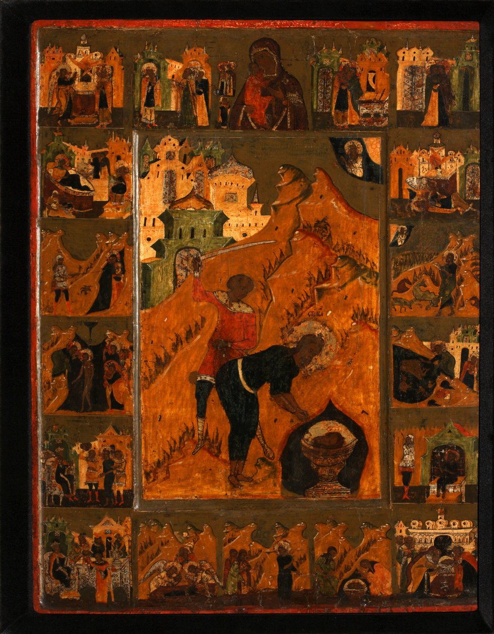 Pyhän Johannes Kastajan pään mestaus Feodorovskajan Jumalanäidin kanssa, 1700-luvun alku. tekijältä Anonymous Russian icon painter