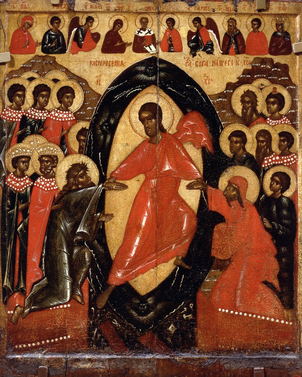 Laskeutuminen helvettiin Deesisin ja valittujen pyhien kanssa, 1300-luvun loppu. tekijältä Anonymous Russian icon painter
