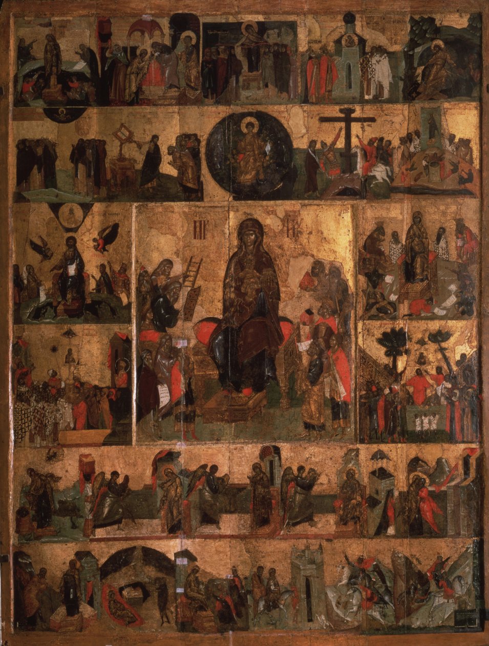 Neitsyt Akatistien kirkkaus Hymni kaikkein pyhimmälle Theotokosille, 1300-luku tekijältä Anonymous Russian icon painter