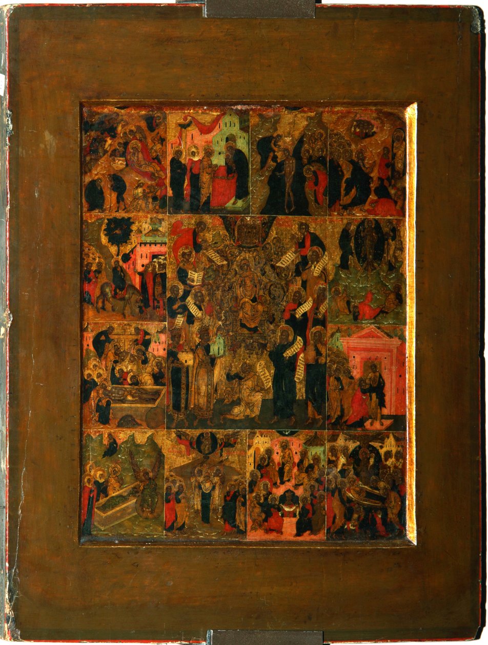 Neitsyt Akatistien kirkkaus Hymni kaikkein pyhimmälle Theotokosille, 1700-luvun alku. tekijältä Anonymous Russian icon painter