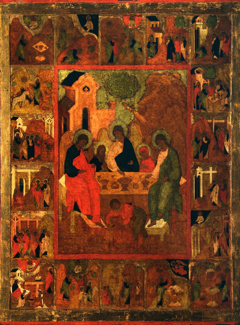 Abrahamin vieraanvaraisuus Vanhan testamentin kolminaisuus, 1500-luvun loppu. tekijältä Anonymous Russian icon painter