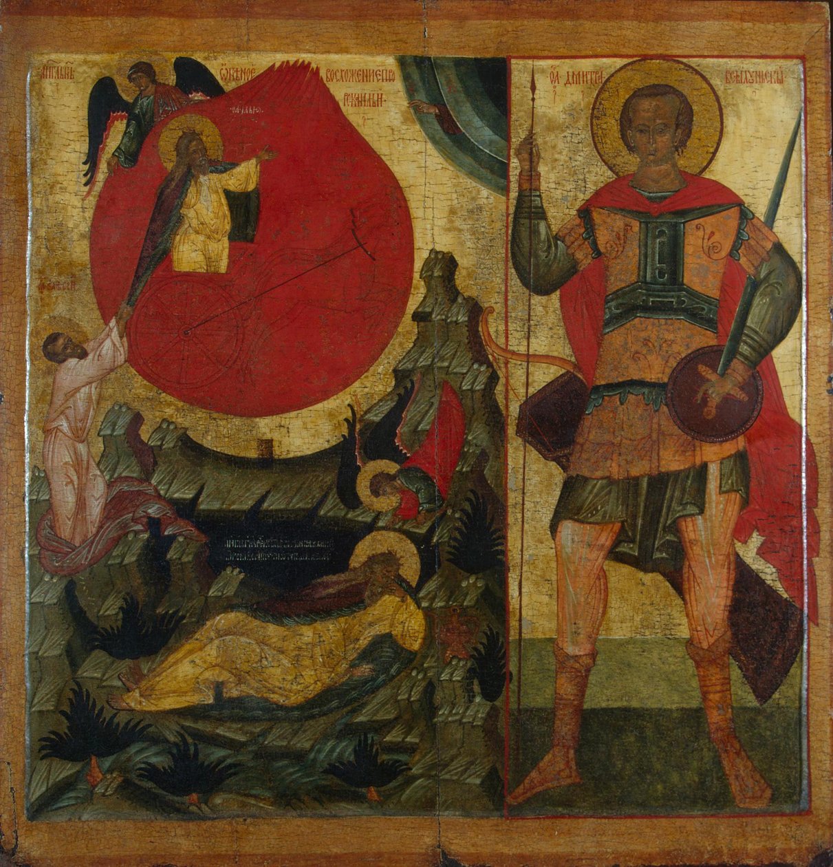 Profeetta Elia ja tuliset vaunut. Pyhä Demetrius Thessalonikilainen, 1500-luvun puoliväli tekijältä Anonymous Russian icon painter