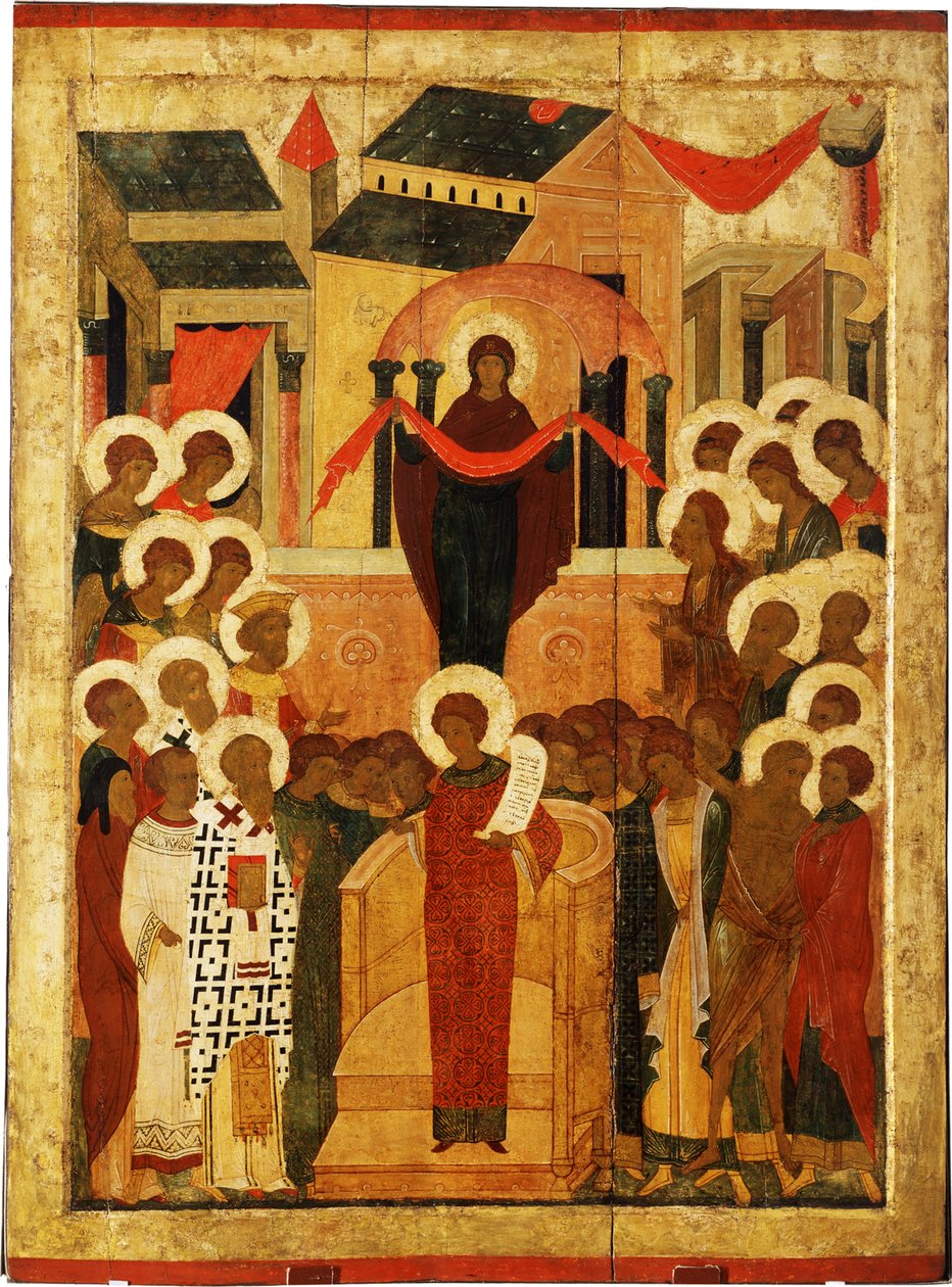 Jumalanäidin Pokrovin suojelus, 1400-luvun toinen puoli. tekijältä Anonymous Russian icon painter