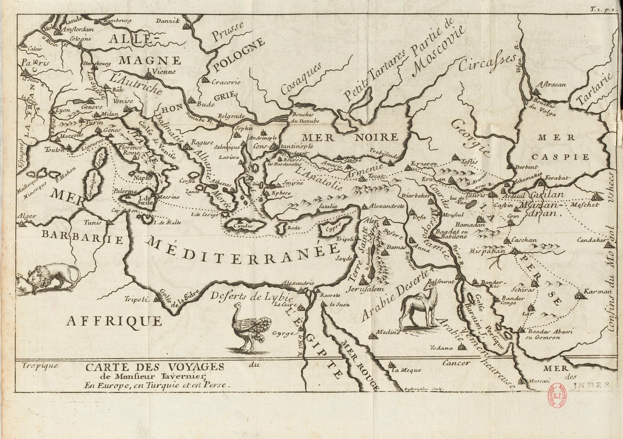 Kartta Tavernierin matkoista Euroopassa, Persia, Turkki, 1600-luku. tekijältä Anonymous master.