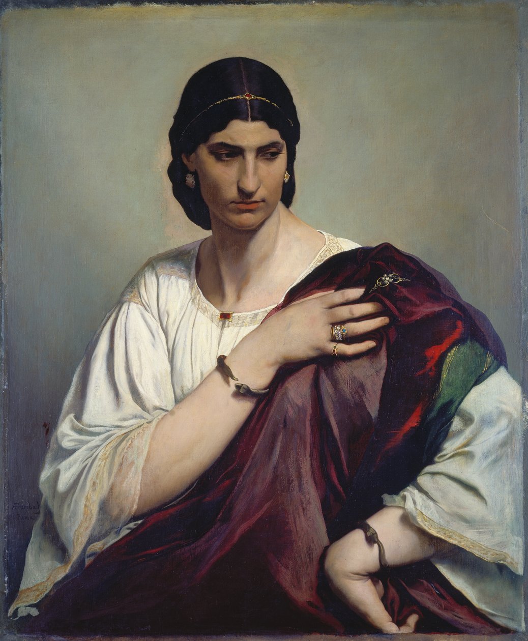 Lucrezia Borgia; Muotokuva roomalaisesta naisesta valkoisessa tunikassa ja punaisessa kaapussa, n. 1862-66 (öljy kankaalle) tekijältä Anselm Feuerbach