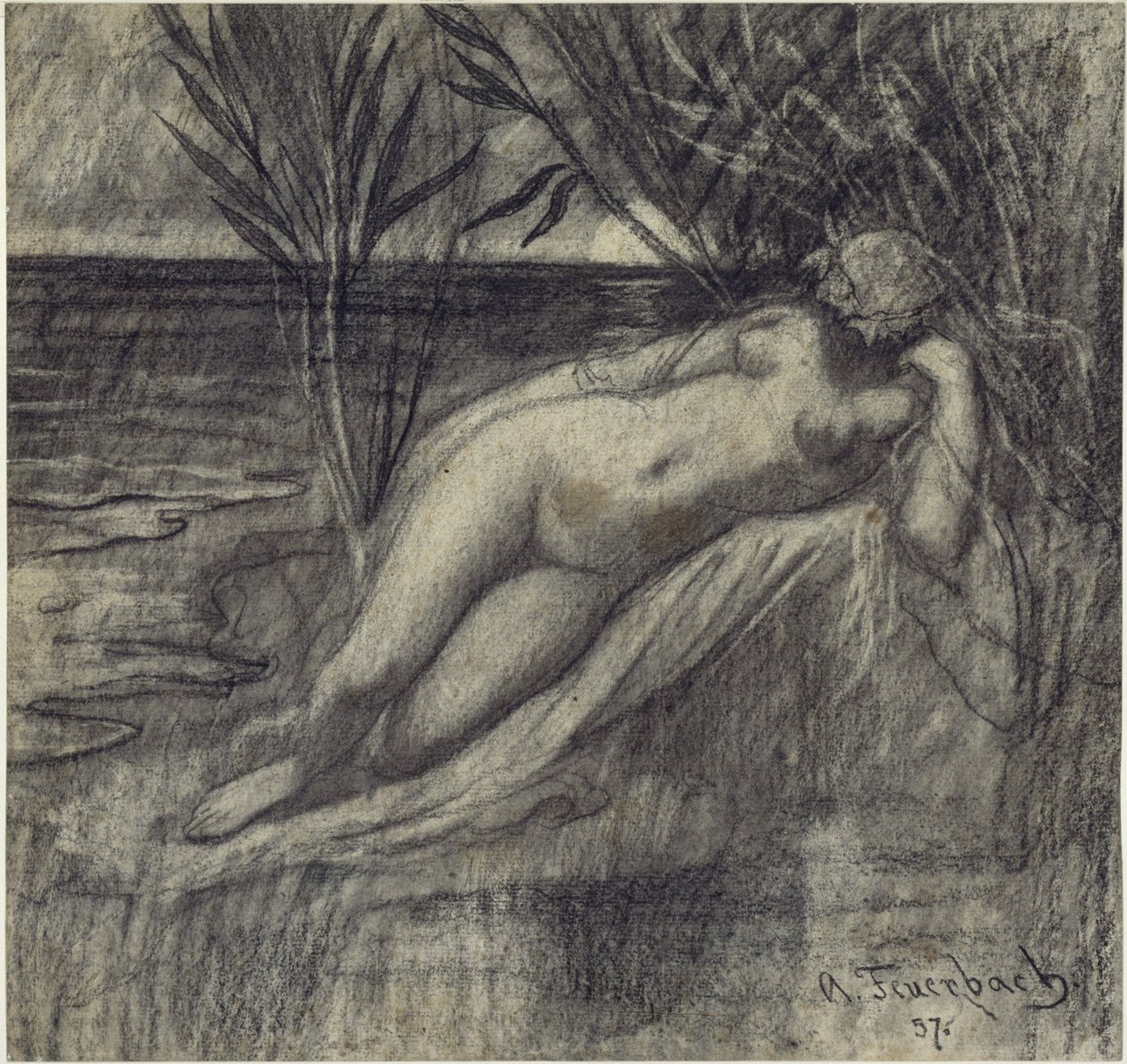 Nukkuva nymfi joen rannalla tekijältä Anselm Feuerbach
