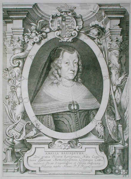 Amalie Elisabeth Hanau-Muntzenbergistä (1602-51) teoksesta "Portraits des Hommes Illustres", kaiverrus Petrus de Iode, julkaistu 1706 (kaiverrus) tekijältä Anselmus van (after) Hulle