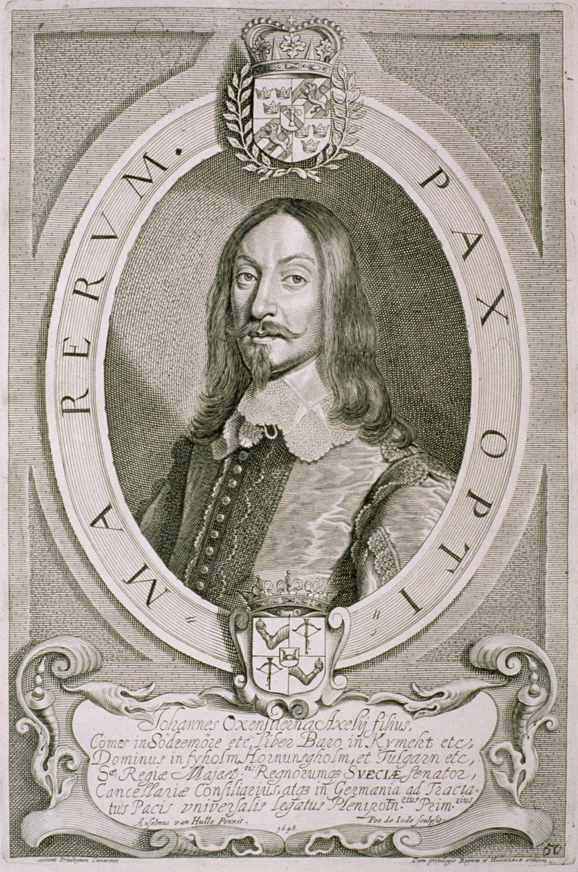 Johan Axelsson Oxenstierna (1611-57) Sodermoren kreivi, kirjasta "Portraits des Hommes Illustres", kaivertanut Petrus de Iode, julkaistu 1706 tekijältä Anselmus van Hulle