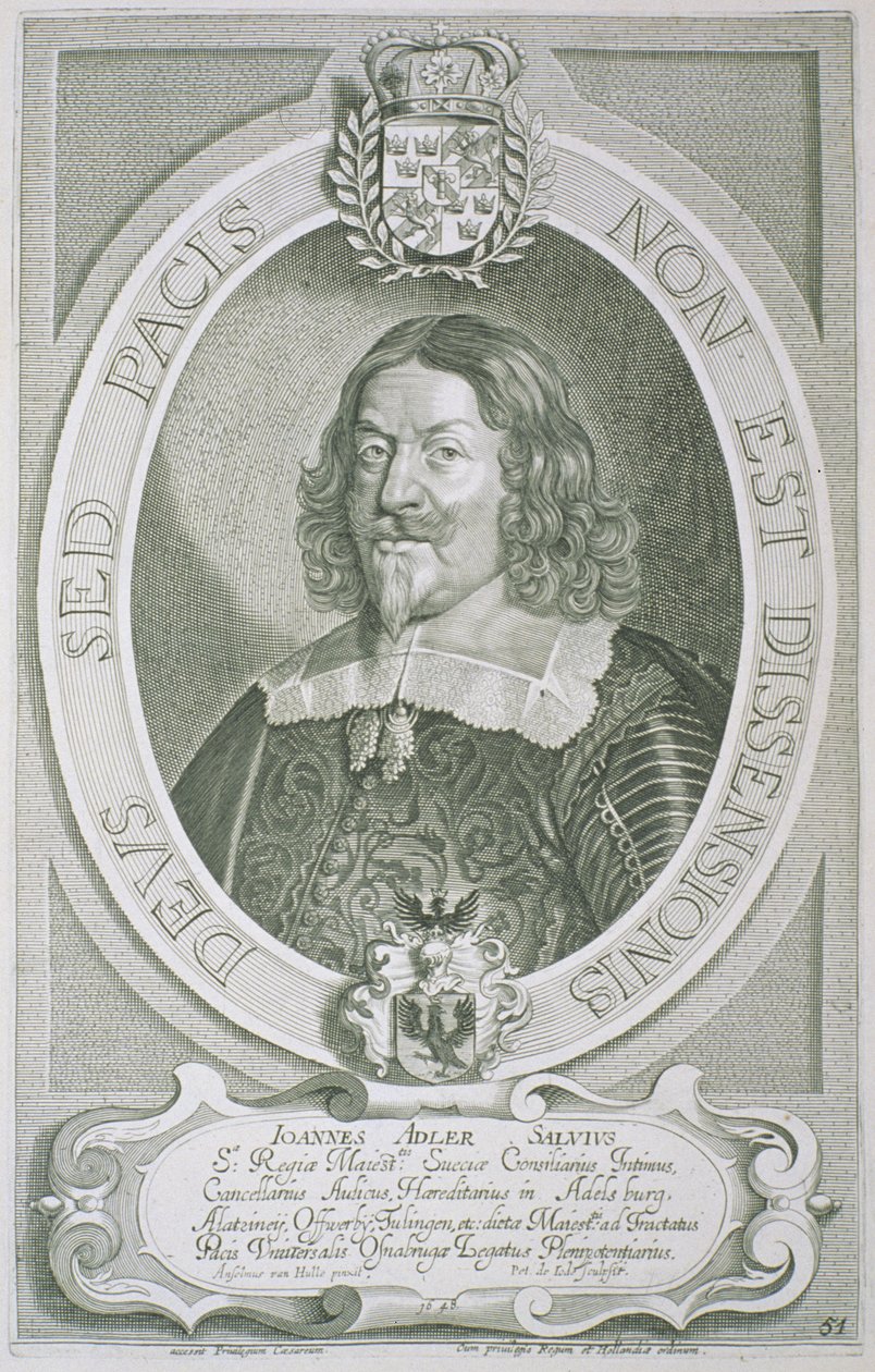 Johann Adler Salvius (1590-1652) kirjasta Maineikkaiden miesten muotokuvat, kaiverrus Petrus de Iode, julkaistu 1706 tekijältä Anselmus van Hulle