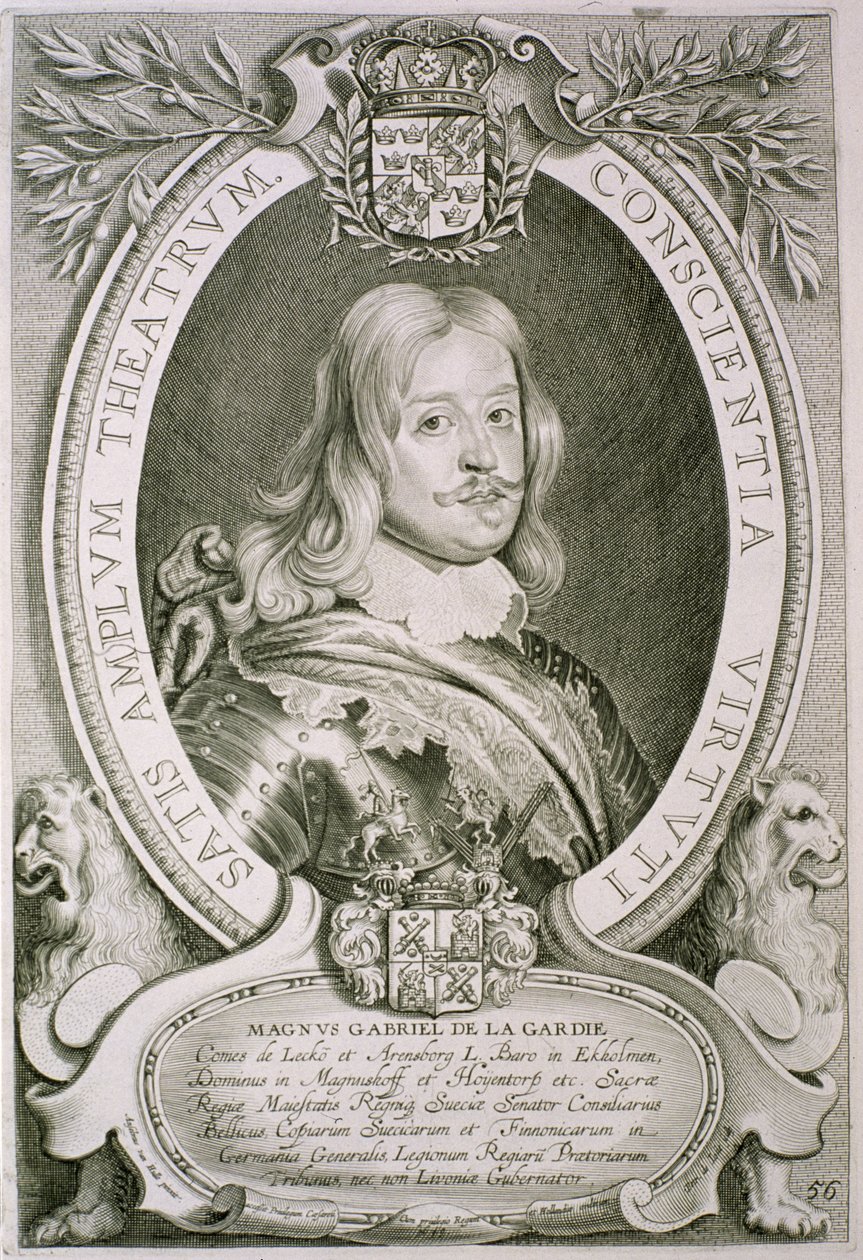 Magnus Gabriel (1622-86) Kreivi de la Gardie, "Portraits des Hommes Illustres" -teoksesta, kaivertanut Petrus de Iode, julkaistu 1706 tekijältä Anselmus van Hulle