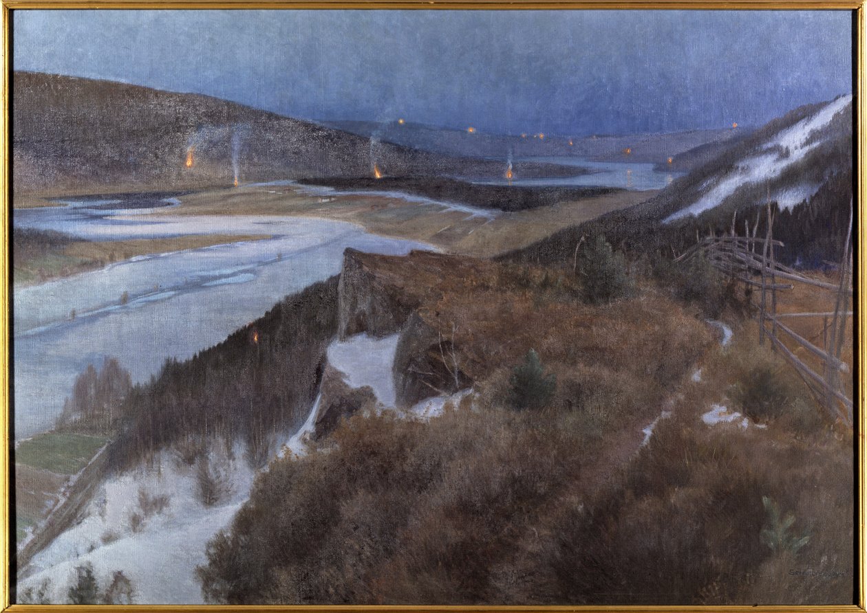 Nuit de Walpurgis a Bergslagen - Walpurgis Night in Bergslagen, Grangaerde Taalainmaassa, kirjoittanut Schultzberg, Anshelm Leonard (1862-1945). Öljy kankaalle tekijältä Anshelm Schultzberg