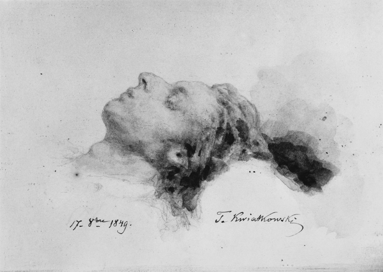 Frederic Chopin kuolinvuoteella, 17. lokakuuta 1849 (kynä ja guassi paperilla) tekijältä Antar Teofil Kwiatowski