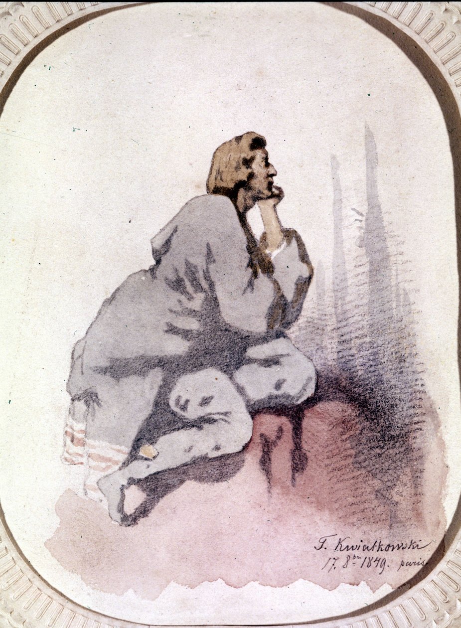 Puolalaisen säveltäjän Frederic Chopinin (1810-1849) muotokuva. Kwiatkowskin vesiväri. tekijältä Antar Teofil Kwiatowski