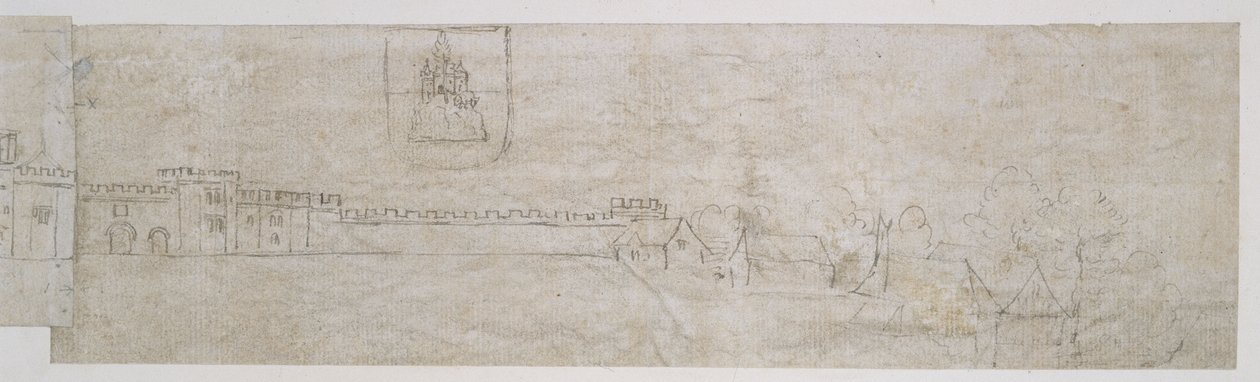 Richmond Palace, julkisivu (kynä ja ruskea muste himmeiden merkkien päällä mustalla liidulla) tekijältä Anthonie Jacobus van Wyngaerdt