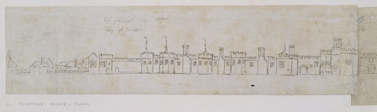 Richmond Palace, julkisivu (kynä ja ruskea muste himmeiden merkkien päällä mustalla liidulla) tekijältä Anthonie Jacobus van Wyngaerdt