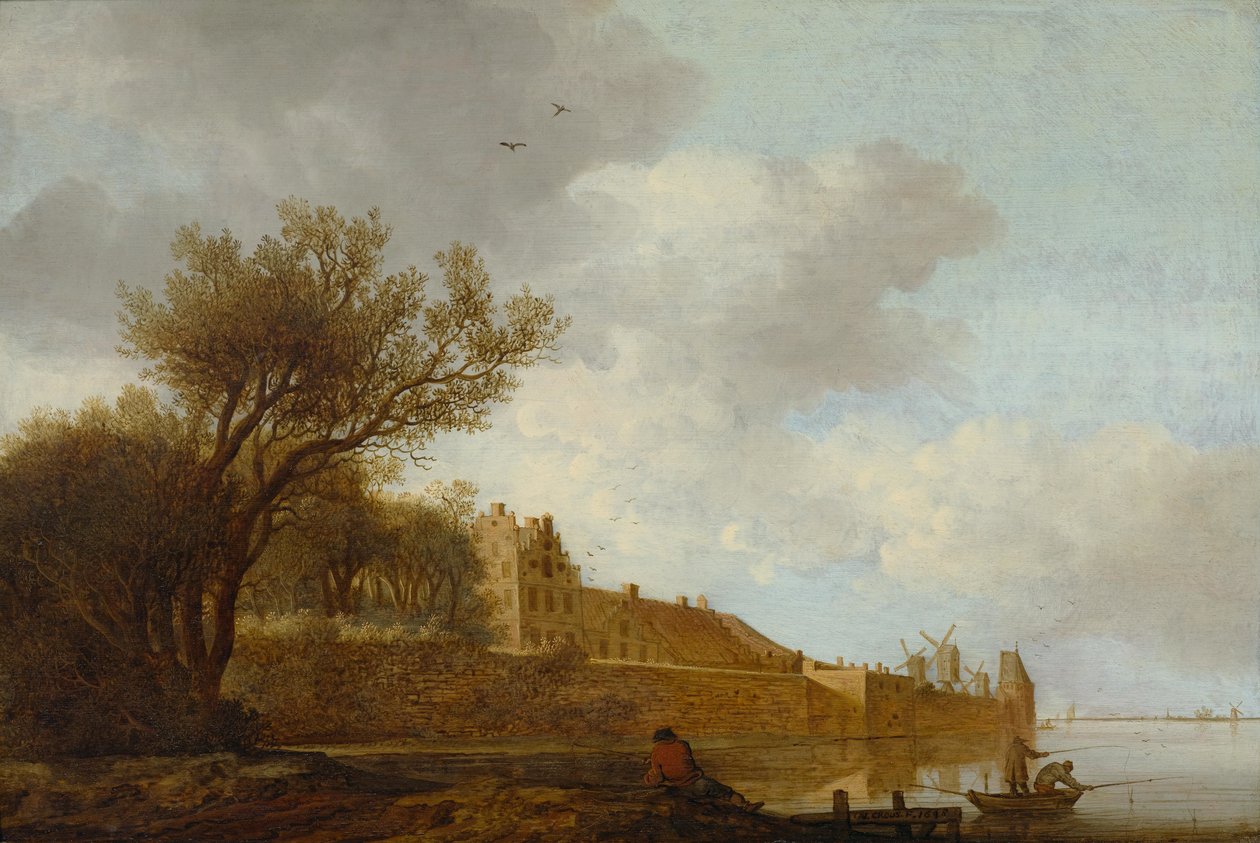 Flussmündung mit Fischer vor einer Stadt tekijältä Anthonie Jansz. van der Croos  