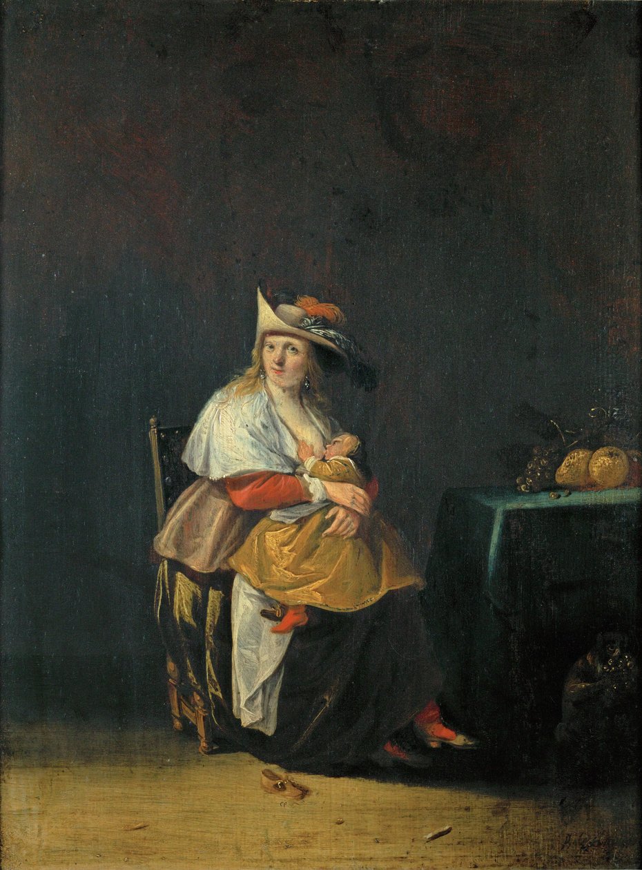 Viisi aistia: maku, nainen imettää lastaan ... tekijältä Anthonie (1601-73) Palamedesz