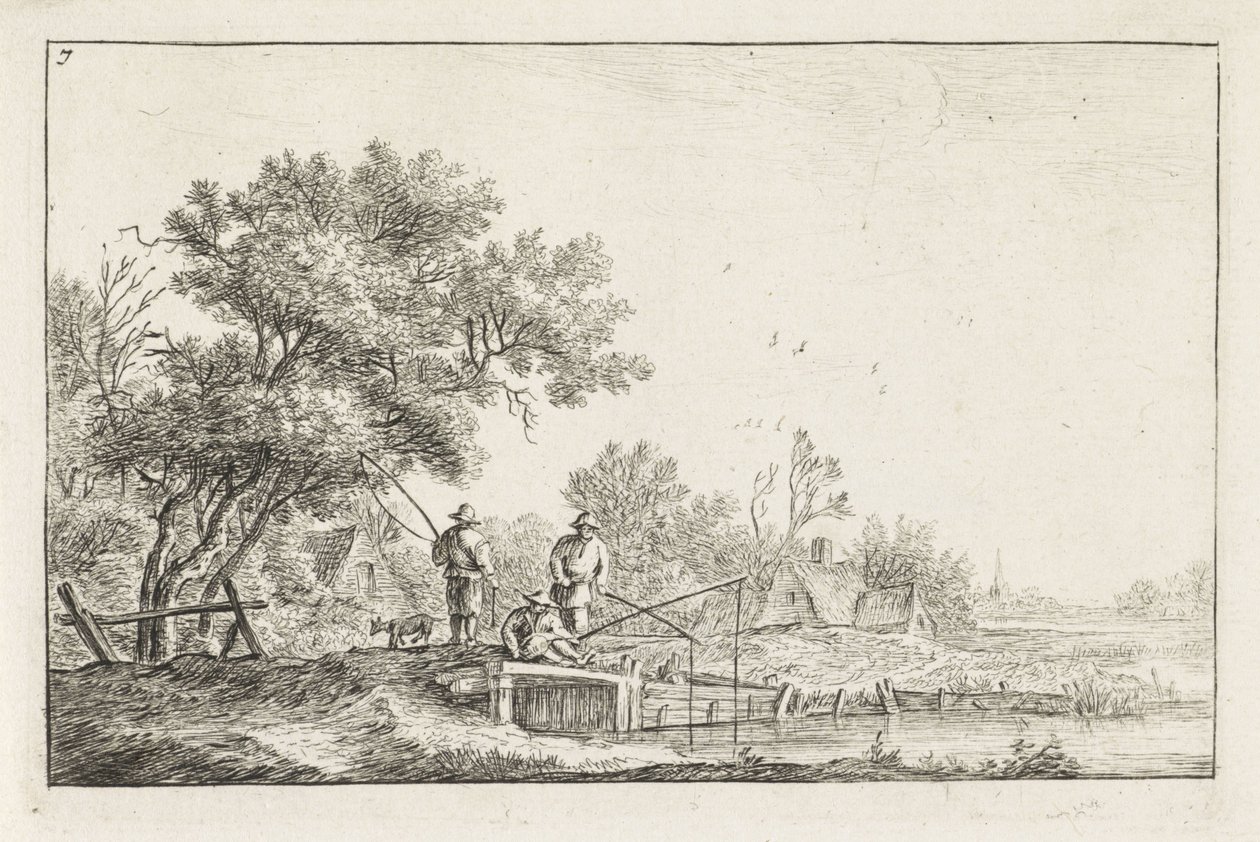 Kolme kalastajaa sillalla Maisemat rakennuksilla (sarjan nimi) tekijältä Anthonie Waterloo