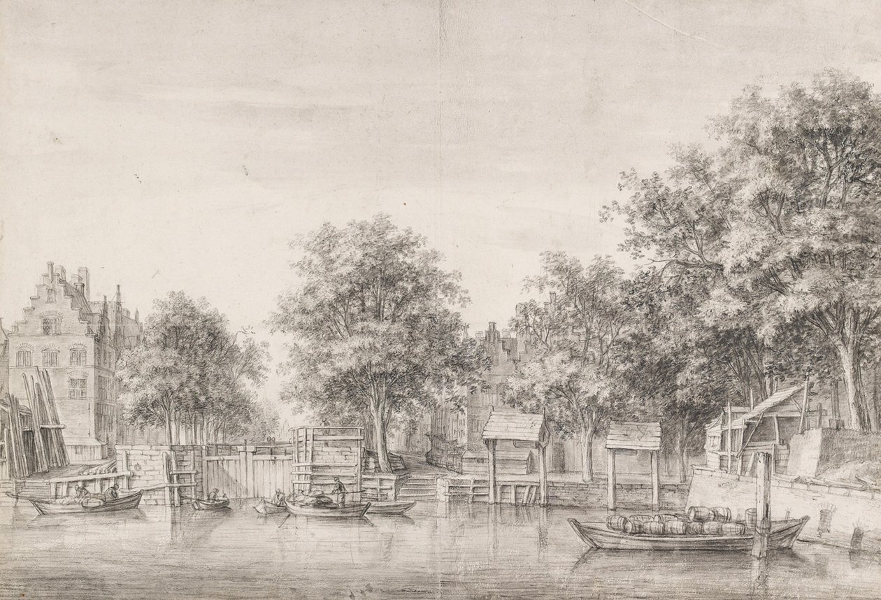 Näkymä Sint-Anthoniessluis-sululle Amsterdamissa tekijältä Anthonie Waterloo
