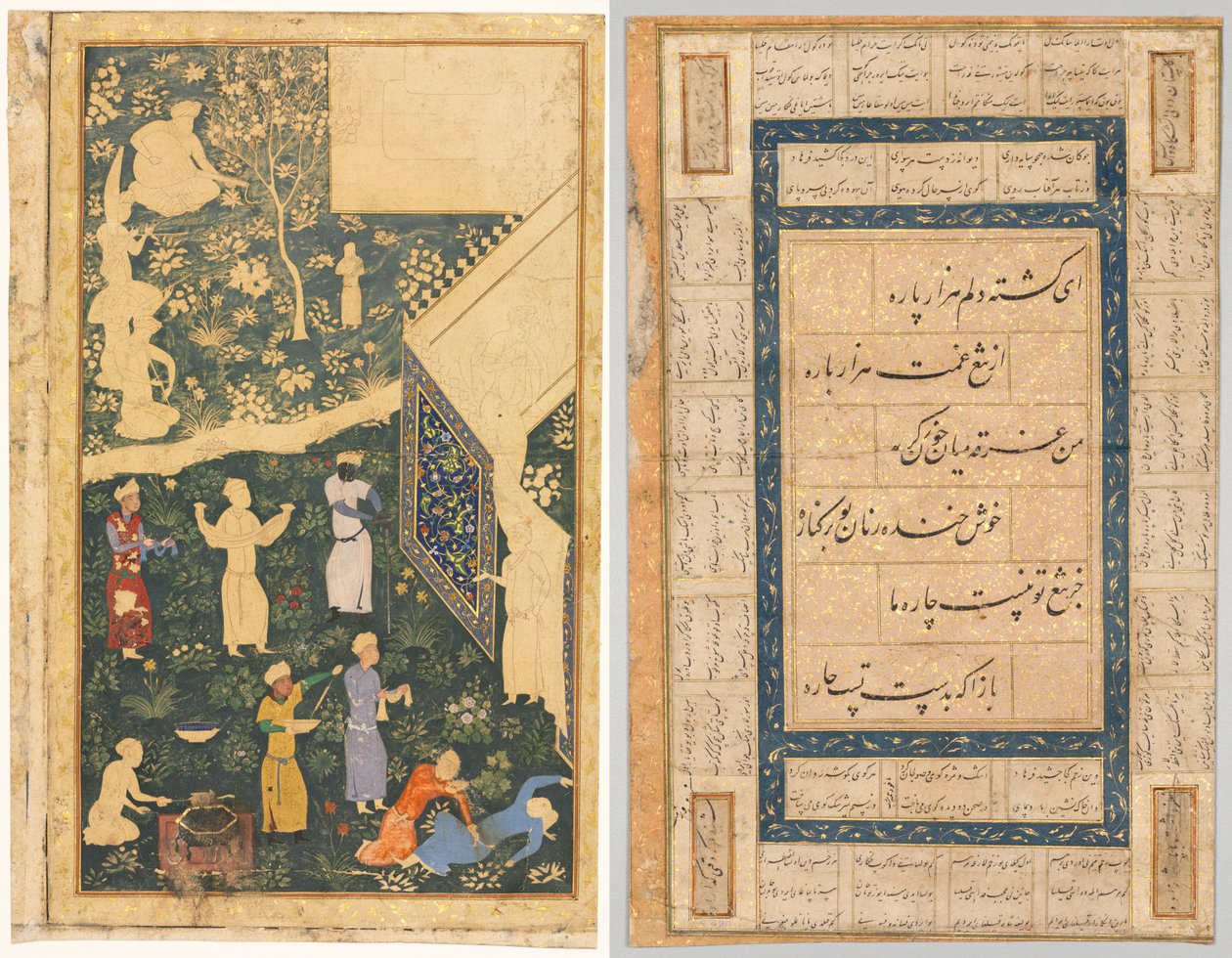 Kaksisivuisen albumin vasen puoli: Outside a Royal Campment (recto) ja Calligraphy, Persian Verses (verso) tekijältä Anthonie Waterloo