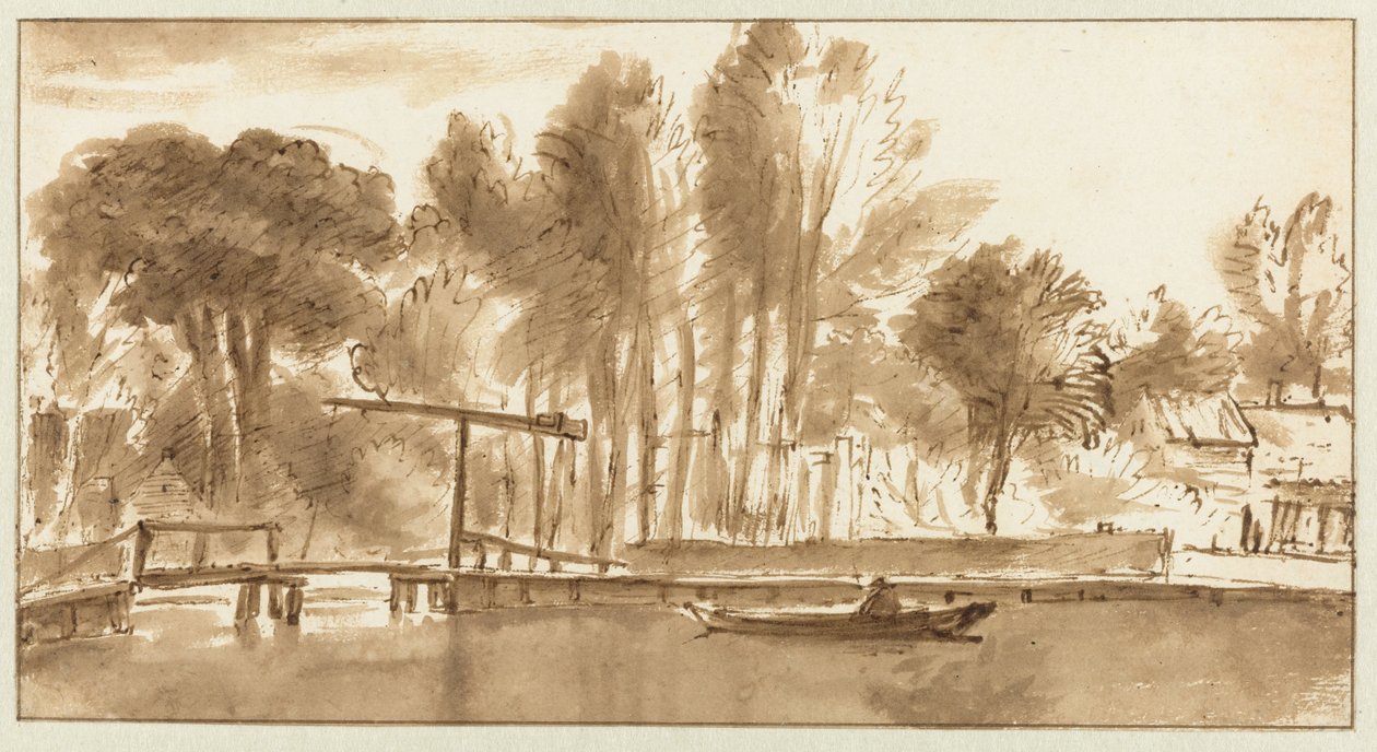 Metsäinen jokimaisema laskusillalla tekijältä Anthonie van Borssom (attributed to)