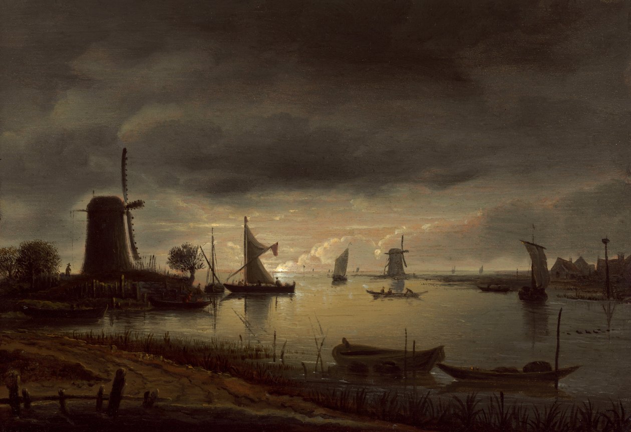 Escena del riu amb molí de vent i vaixells, vespre, c. 1645. finlandès tekijältä Anthonie van Borssom