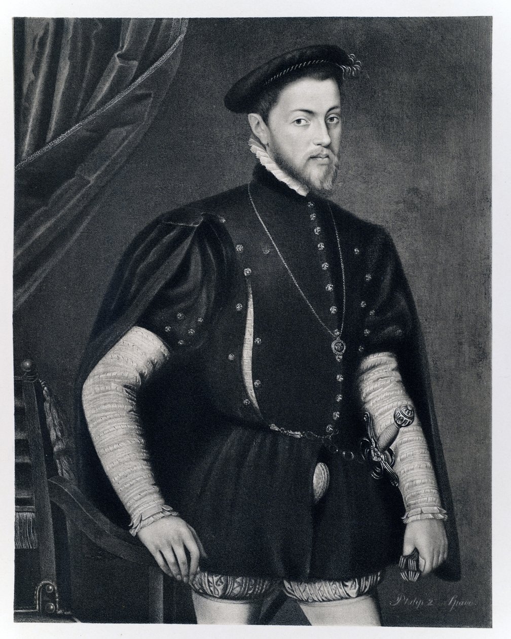 Philip II Espanjalainen, (1527-1598) teoksesta "James I ja VI", painanut Manzi Joyant und Co. Paris, 1904 (kollotyyppi) tekijältä Anthonis van Dashorst Mor