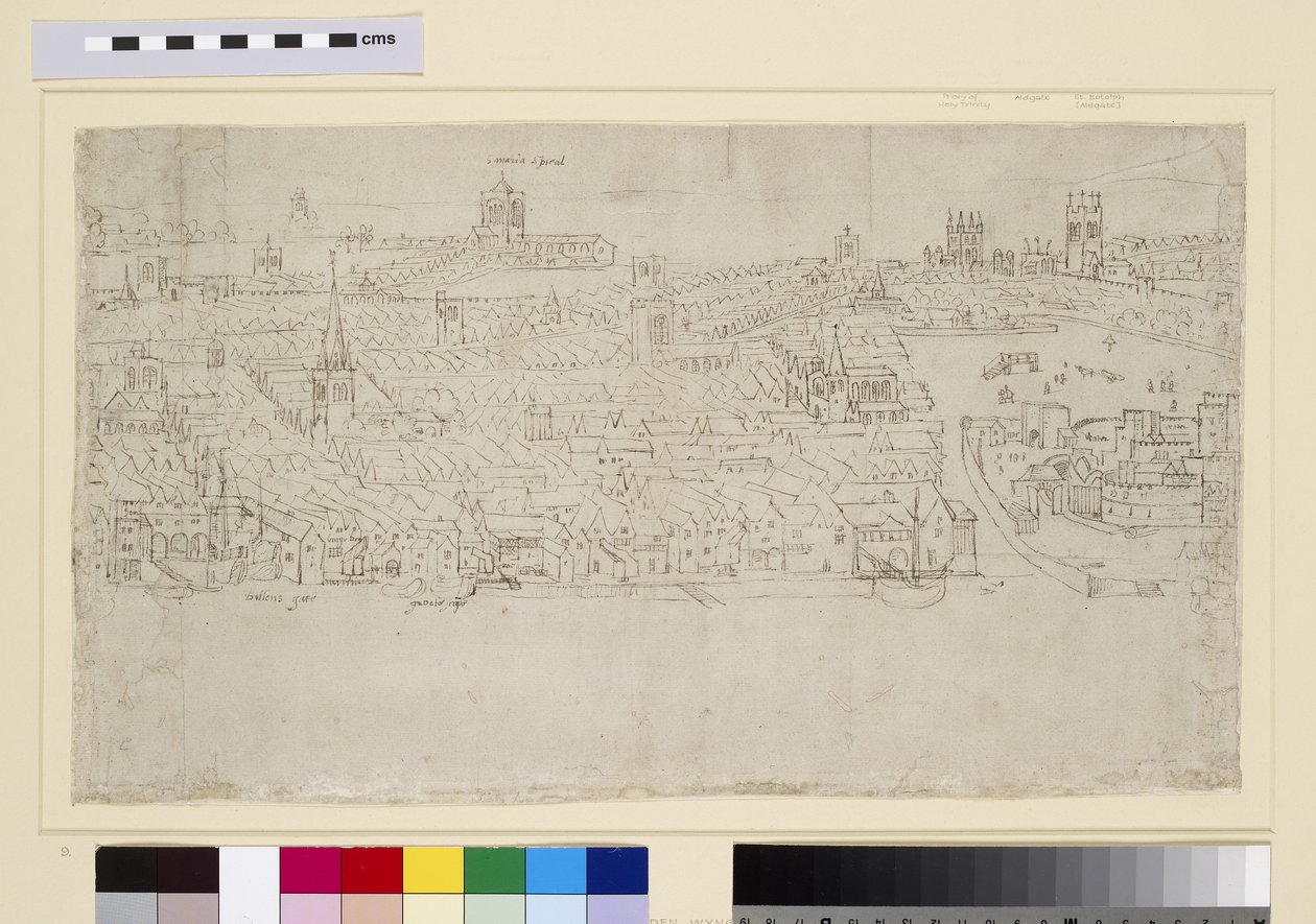 Billingsgate Tower Wharfiin, "The Panorama of London", n. 1544 (kynä, mustetta ja liitu paperille) tekijältä Anthonis van den Wyngaerde