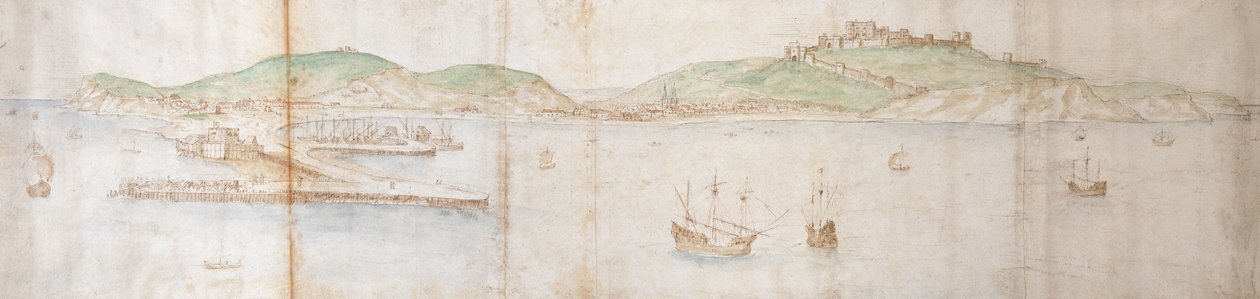 Dover from the Sea, 1500-luku (kynä ja muste, liitu ja wc paperilla) tekijältä Anthonis van den Wyngaerde