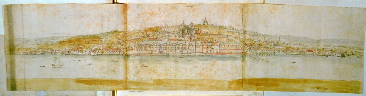 Greenwich Palace Thamesin pohjoisrannalta, n. 1544 (kynä ja muste ja wc paperilla) tekijältä Anthonis van den Wyngaerde