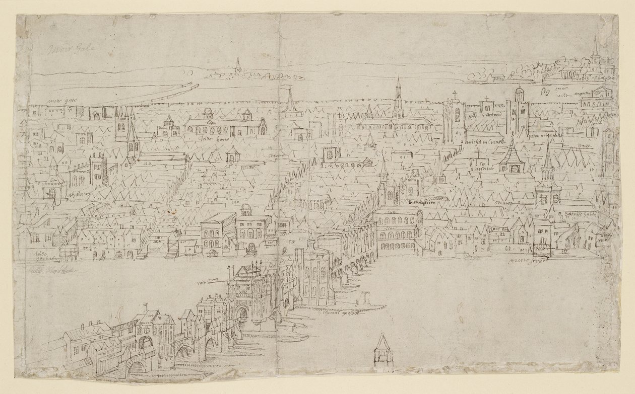 Lontoon silta, teoksesta "The Panorama of London", noin 1544 (tussi ja liitu paperille). tekijältä Anthonis van den Wyngaerde