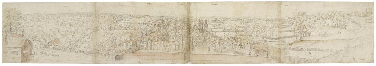 Oatlands Palace etelästä, n. 1544 (kynä, muste, liitu ja wc paperilla) tekijältä Anthonis van den Wyngaerde