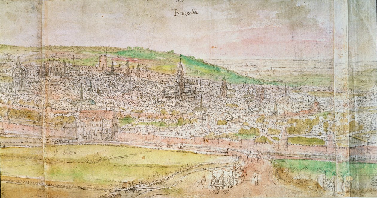 Panoraamanäkymä Brysseliin, 1500-luku (kynä ja muste ja wc paperilla) tekijältä Anthonis van den Wyngaerde