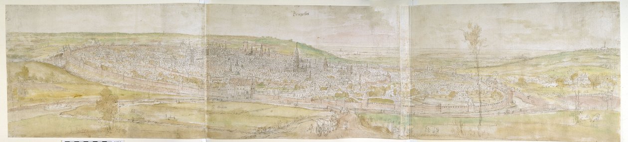 Panoraamanäkymä Brysseliin pohjoisesta, 1558 (kynä ja ruskea muste akvarelleilla mustan liidun jälkien päällä) tekijältä Anthonis van den Wyngaerde