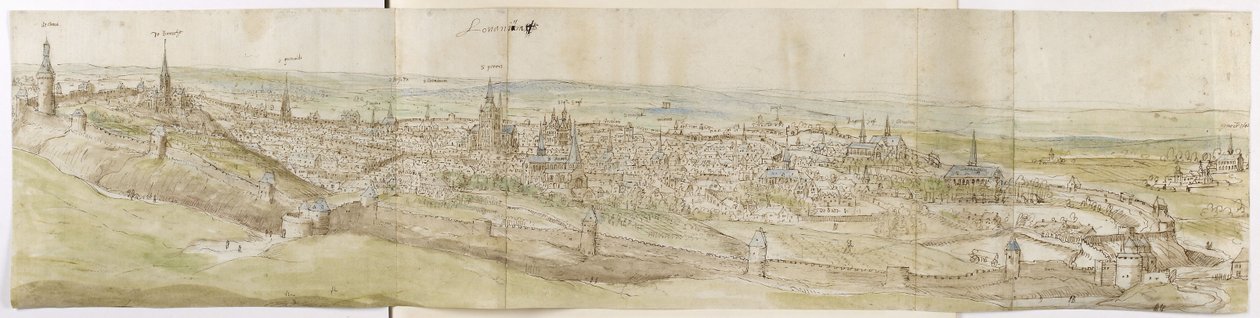 Panoraamanäkymä Leuvenista luoteesta (tussi, ruskea tussi ja akvarelli mustalla liidulla). tekijältä Anthonis van den Wyngaerde