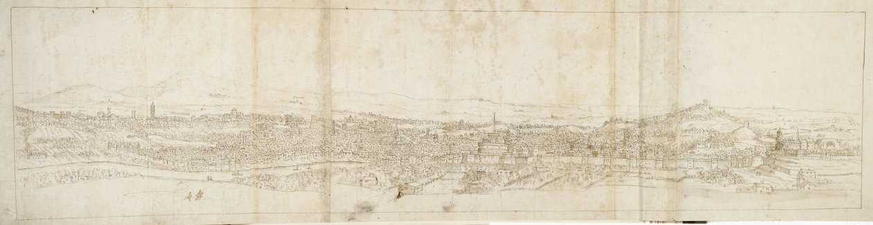 Panoraamanäkymä Roomaan Monte Mariolta, etualalla Castel S. Angelo (kynä ja ruskea muste sekä ruskea pesu mustan liidun päällä). tekijältä Anthonis van den Wyngaerde